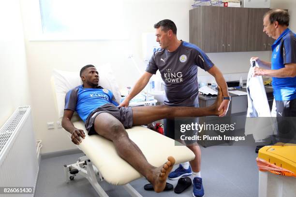 August 03: Kelechi Iheanacho during his medical with head of physiotherapy Dave Rennie at King Power Stadium on August 3rd, 2017 in Leicester, United...