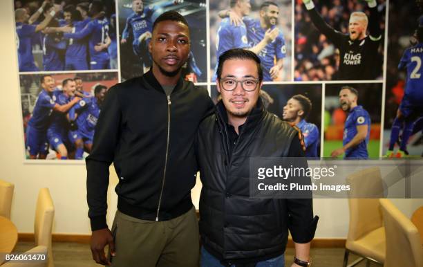August 03: Leicester City announce the signing of Kelechi Iheanacho at King Power Stadium pictured with Vice chairman Aiyawatt Srivaddhanaprabha on...