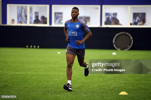 August 03: Leicester City announce the signing of Kelechi Iheanacho pictured during his medical at King Power Stadium on August 3rd, 2017 in...