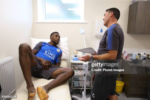 August 03: Kelechi Iheanacho during his medical with head of physiotherapy Dave Rennie at King Power Stadium on August 3rd, 2017 in Leicester, United...