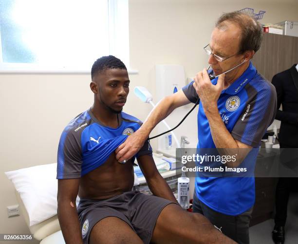 August 03: Kelechi Iheanacho under goes his medical with club doctor Ian Patchett at King Power Stadium on August 3rd, 2017 in Leicester, United...