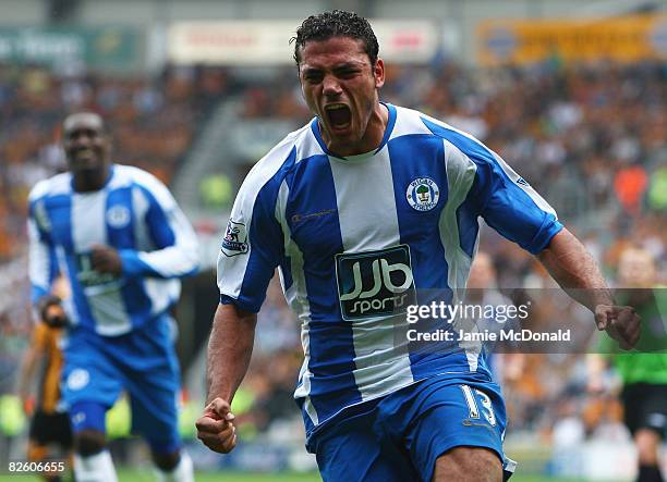 Amr Zaki of Wigan celebrates his goal during the Barclays Premier League match between Hull Ciy and Wigan Athletic at the KC Stadium on August 30,...