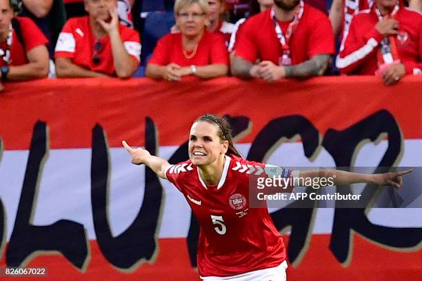 Denmark's defender Simone Boye Sorensen celebrates after scoring a goal in penalty shoot outs during the UEFA Womens Euro 2017 football tournament...