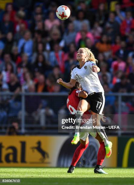 Sarah Puntigam of Austria and Nadia Nadim of Denmark during the UEFA Women's EURO 2017 Semi-final match between Austria and Denmark at Rat Verlegh...