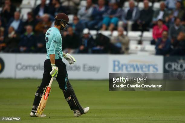 Ben Foakes of Surrey walks off dejected having been dismissed during the NatWest T20 Blast match between Sussex Sharks and Surrey at The 1st Central...