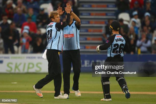 Danny Briggs of Sussex celebrates taking the wicket of Ben Foakes of Surrey during the NatWest T20 Blast match between Sussex Sharks and Surrey at...