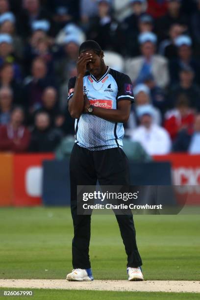 Jofra Archer of Sussex cuts a dejected figure during the NatWest T20 Blast match between Sussex Sharks and Surrey at The 1st Central County Ground on...
