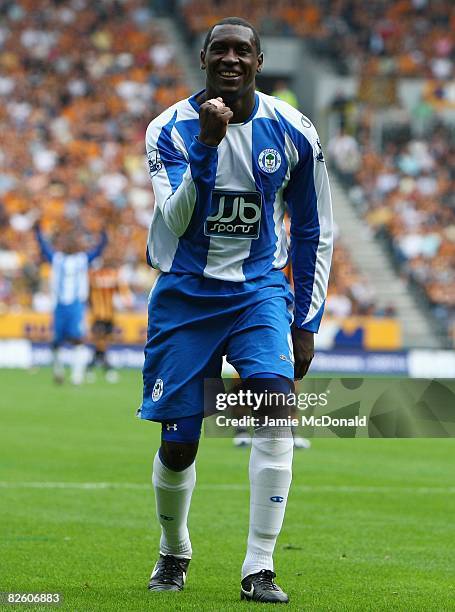 Emile Heskey of Wigan celebrates his goal during the Barclays Premier League match between Hull Ciy and Wigan Athletic at the KC Stadium on August...