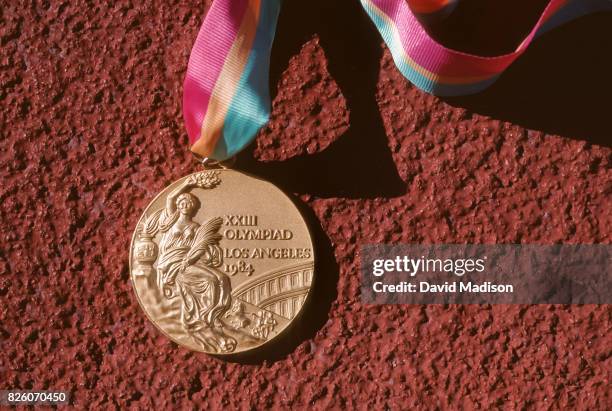 Closeup view of an Olympic Gold Medal awarded during the Olympic Games held in 1984 in Los Angeles, California.