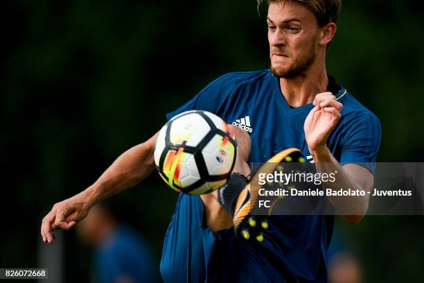 Daniele Rugani of Juventus during a training session on August 3, 2017 in Vinovo, Italy.
