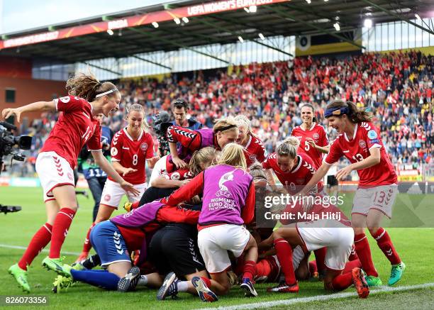 Denmark players celebrate their team's victory during the UEFA Women's Euro 2017 Semi Final match between Denmark and Austria at Rat Verlegh Stadion...