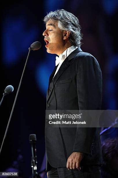 Singer Andrea Bocelli performs on stage at the Burswood Dome on August 30, 2008 in Perth, Australia.