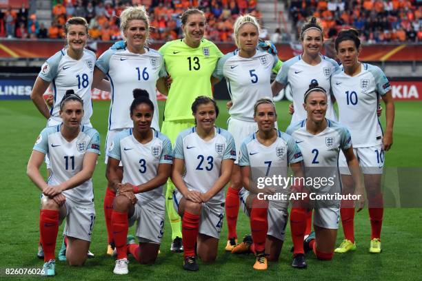 England's forward Ellen White, midfielder Millie Bright, goalkeeper Siobhan Chamberlain, defender Steph Houghton, forward Jodie Taylor, midfielder...