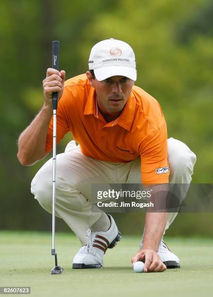 Mike Weir lines up a putt during the second round of the Deutsche Bank Championship at the TPC Boston on August 30, 2008 in Norton, Massachusetts.