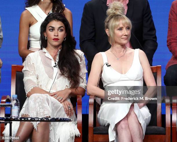 Actors Natacha Karam and Anne Heche of 'The Brave' speak onstage during the NBCUniversal portion of the 2017 Summer Television Critics Association...