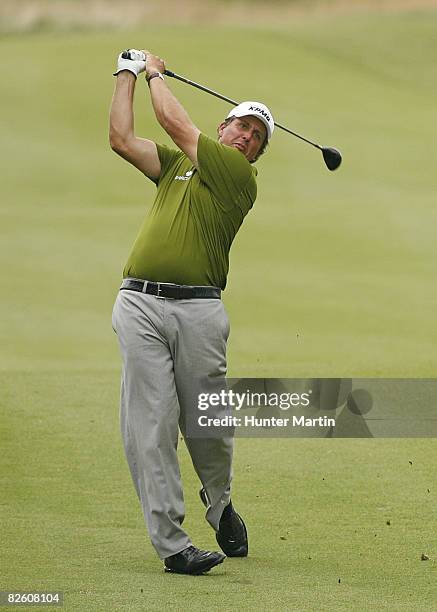 Phil Mickelson plays a shot during the second round of the Deutsche Bank Championship at TPC Boston on August 30, 2008 in Norton, Massachusetts.