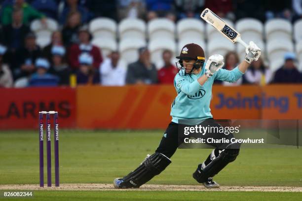 Ollie Pope of Surrey hits out during the NatWest T20 Blast match between Sussex Sharks and Surrey at The 1st Central County Ground on August 3, 2017...