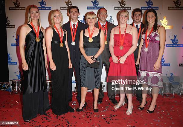 Olympians, Sarah Webb, Pippa Wilson, David Florence, Sarah Ayton, Tim Brabents, Cassie Patten, David Davies and Keri-Anne Payne pose for a photograph...