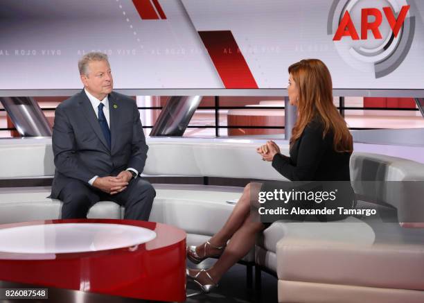 Former United States of America Vice President Al Gore and Maria Celeste Arraras are seen on the set of 'Al Rojo Vivo' to promote the film 'An...