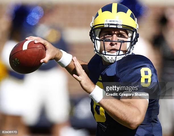 Nick Sheridan of the Michigan Wolverines throws a second quarter pass while playing the Utah Utes on August 30, 2008 at Michigan Stadium in Ann...