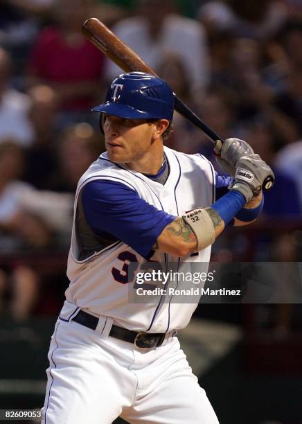 Josh Hamilton of the Texas Rangers at bat against the Cleveland Indians on August 24, 2008 at Rangers Ballpark in Arlington, Texas.