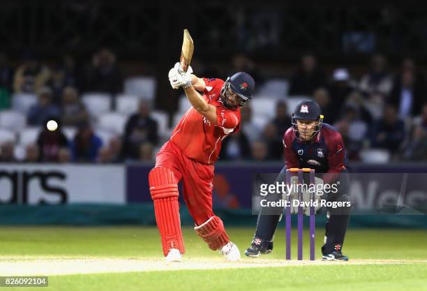Ryan McLaren of Lancashire hits a four during the NatWest T20 Blast match between Northampton Steelbacks and Lancashire Lightening at The County...