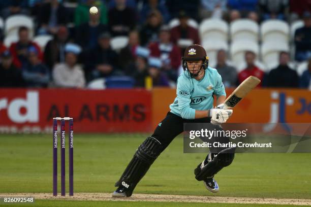 Ollie Pope of Surrey hits out during the NatWest T20 Blast match between Sussex Sharks and Surrey at The 1st Central County Ground on August 3, 2017...
