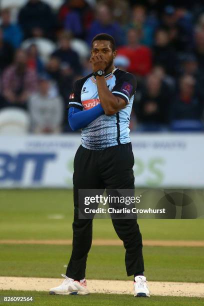 Frustrated Chris Jordan of Sussex during the NatWest T20 Blast match between Sussex Sharks and Surrey at The 1st Central County Ground on August 3,...