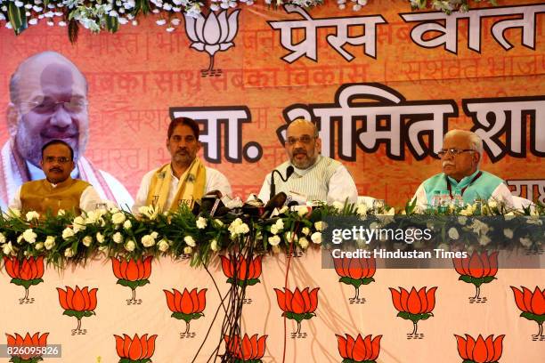 National President Amit Shah alongwith Haryana Chief Minister Manohar Lal Khattar, Haryana Incharge of Party Affairs Anil Jain Lal and BJP State...