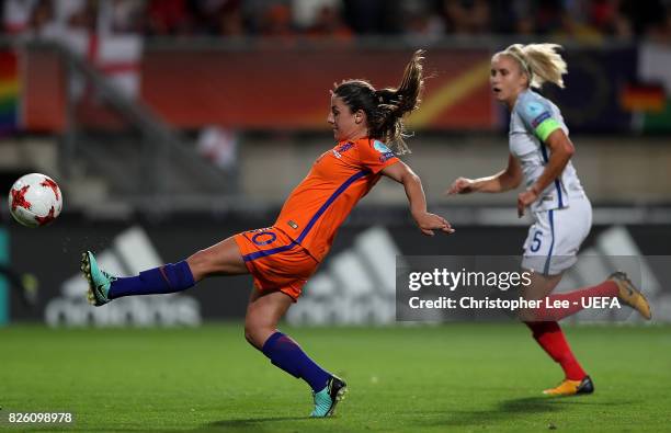 Danielle van de Donk of The Netherlands scores her team's second goal of the game during the UEFA Women's Euro 2017 Semi Final match between...