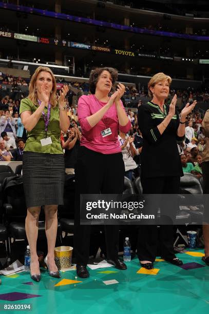 Co-Owners, Carla Christofferson and Kathy Goodman of the Los Angeles Sparks watch the game from the sidelines with guest, head coach of the Tennessee...