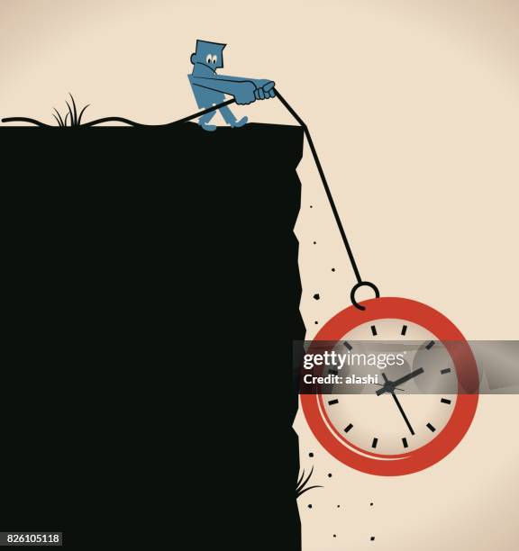 ilustraciones, imágenes clip art, dibujos animados e iconos de stock de tome su tiempo, un hombre de negocios (hombre) tirar (fricción) reloj de cuerda (dragrope) sobre el acantilado, presión del tiempo y concepto de gestión del tiempo de nuevo - tiempo muerto