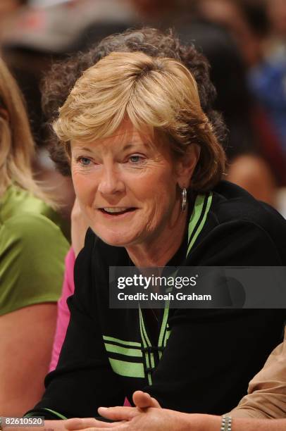 Head coach of the Tennessee Lady Vols basketball team, Pat Summitt, watches the game between The Los Angeles Sparks and the San Antonio Stars on...