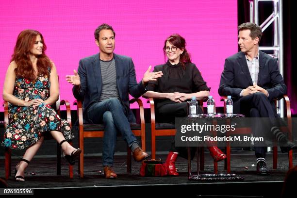 Actors Debra Messing, Eric McCormack, Megan Mullally, and Sean Hayes of 'Will & Grace' speak onstage during the NBCUniversal portion of the 2017...