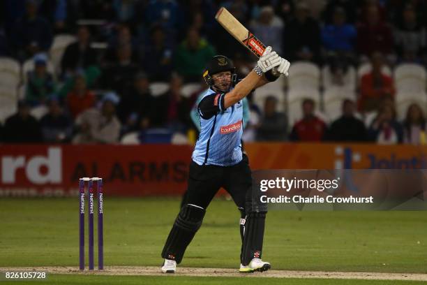 Sussex Chris Nashhits out during the NatWest T20 Blast match between Sussex Sharks and Surrey at The 1st Central County Ground on August 3, 2017 in...