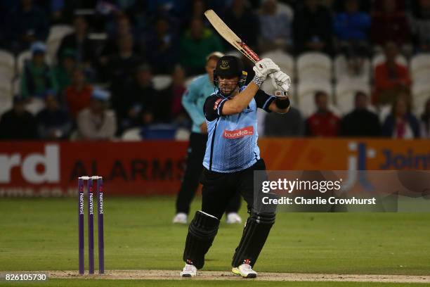 Sussex Chris Nashhits out during the NatWest T20 Blast match between Sussex Sharks and Surrey at The 1st Central County Ground on August 3, 2017 in...