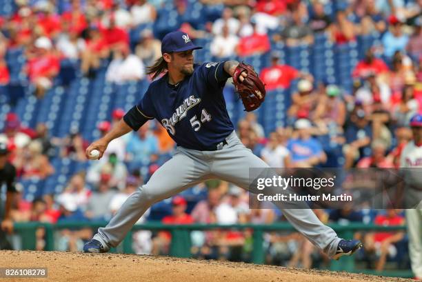 Michael Blazek of the Milwaukee Brewers throws a pitch during a game against the Philadelphia Phillies at Citizens Bank Park on July 23, 2017 in...