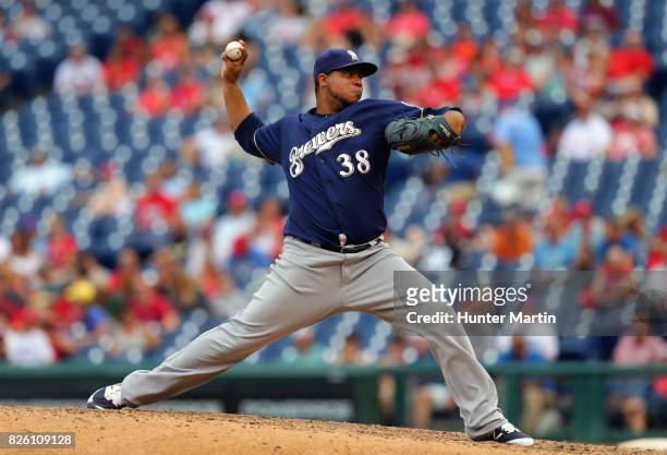 Wily Peralta of the Milwaukee Brewers throws a pitch during a game against the Philadelphia Phillies at Citizens Bank Park on July 23, 2017 in...