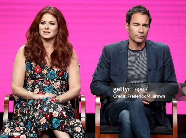 Actors Debra Messing and Eric McCormack of 'Will & Grace' speak onstage during the NBCUniversal portion of the 2017 Summer Television Critics...