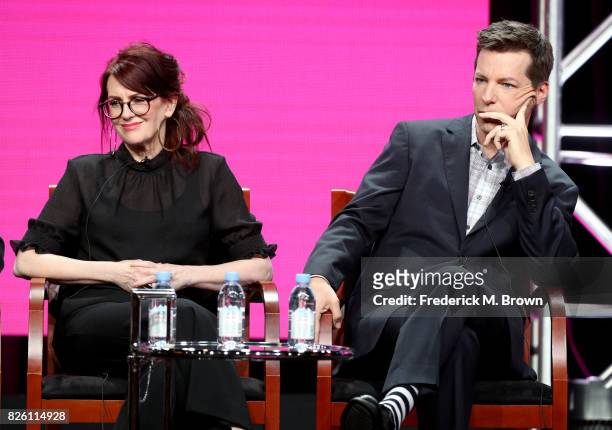 Actors Megan Mullally and Sean Hayes of 'Will & Grace' speak onstage during the NBCUniversal portion of the 2017 Summer Television Critics...