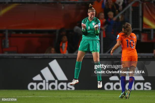 Sari van Veenendaal and Danielle van de Donk of the Netherlands celebrate after winning 3-0 the UEFA Women's Euro 2017 Second Semi Final match...