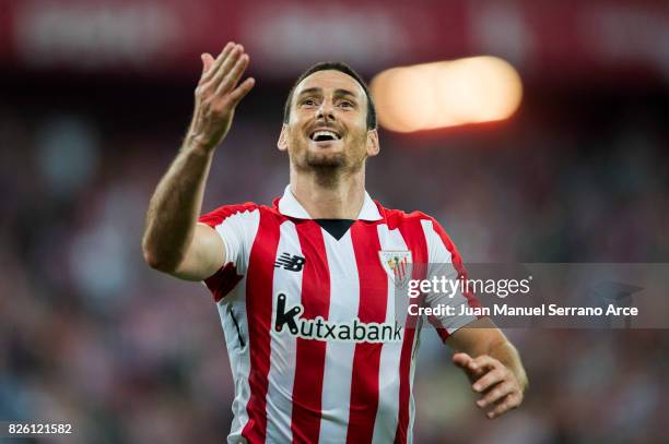 Aritz Aduriz of Athletic Club celebrates after scoring his team's third goal during the UEFA Europa League Third Qualifying Round: Second Leg match...