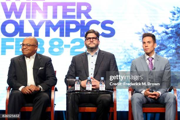 Primtetime Host Mike Tirico, President, NBC Olympics Production and Programming, Jim Bell, and Short Track Speed Skating Analyst Apolo Ohno of ''The...