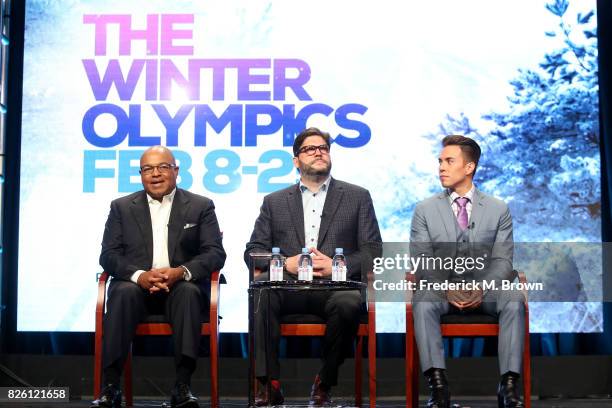 Primtetime Host Mike Tirico, President, NBC Olympics Production and Programming, Jim Bell, and Short Track Speed Skating Analyst Apolo Ohno of ''The...