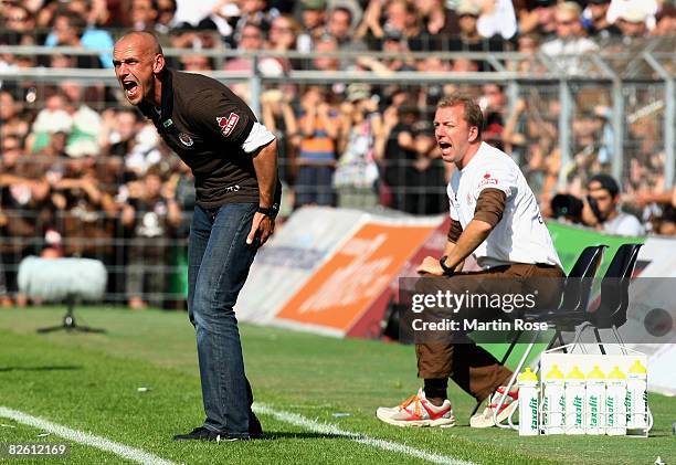 Holger Stanislawski, head coach gives instructions during the Second Bundesliga match between FC St.Pauli and Oberhausen at the Millerntor Stadium on...