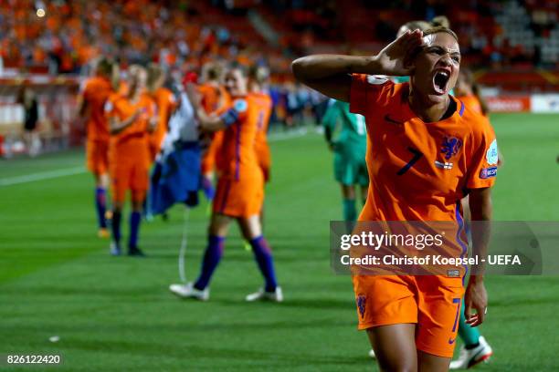 Shanice van de Sanden of the Netherlands celebrates after winning 3-0 the UEFA Women's Euro 2017 Second Semi Final match between Netherlands and...