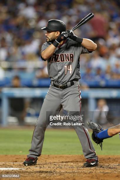 Rey Fuentes of the Arizona Diamondbacks bats during the game against the Los Angeles Dodgers at Dodger Stadium on July 6, 2017 in Los Angeles,...