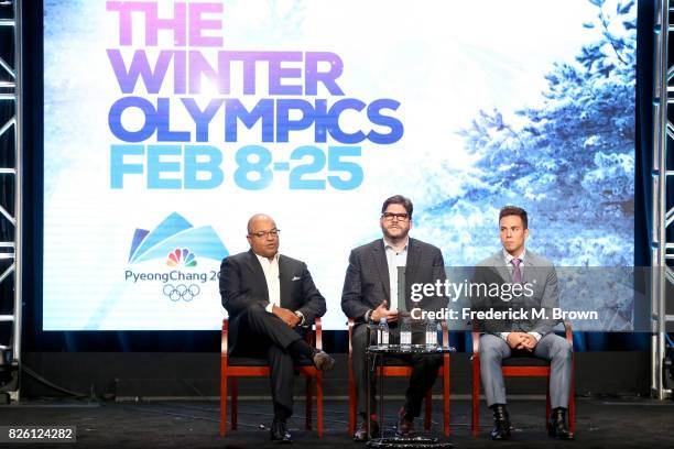 Primtetime Host Mike Tirico, President, NBC Olympics Production and Programming, Jim Bell, and Short Track Speed Skating Analyst Apolo Ohno of ''The...