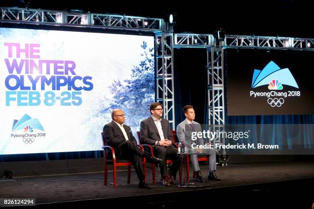 Primtetime Host Mike Tirico, President, NBC Olympics Production and Programming, Jim Bell, and Short Track Speed Skating Analyst Apolo Ohno of ''The...