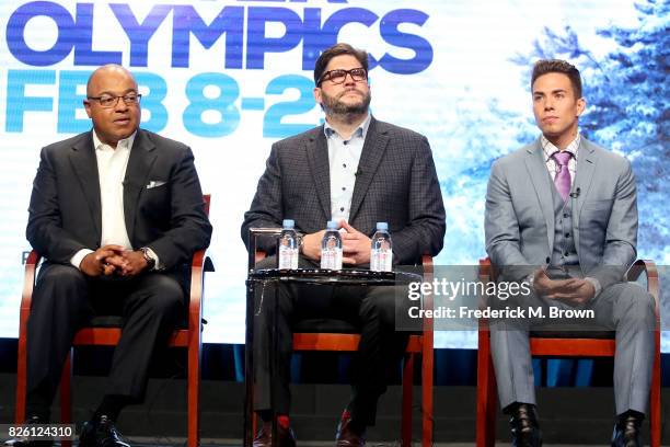 Primtetime Host Mike Tirico, President, NBC Olympics Production and Programming, Jim Bell, and Short Track Speed Skating Analyst Apolo Ohno of ''The...